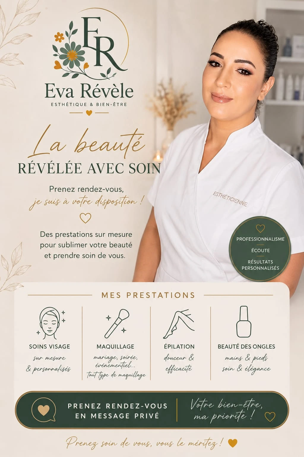 Affiche Eva Révèle, esthétique & bien-être : soins visage sur mesure, maquillage mariage et soirée, épilation, beauté des ongles. La beauté révélée avec soin.