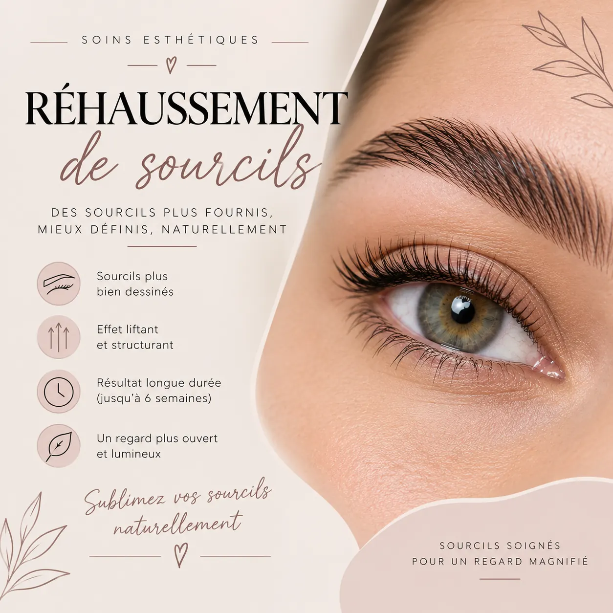 Rehaussement de sourcils Eva Révèle : gros plan d'un œil aux sourcils redressés et bien dessinés, avec les bénéfices du soin — sourcils plus fournis et mieux définis, effet liftant et structurant, résultat longue durée jusqu'à 6 semaines, regard plus ouvert et lumineux